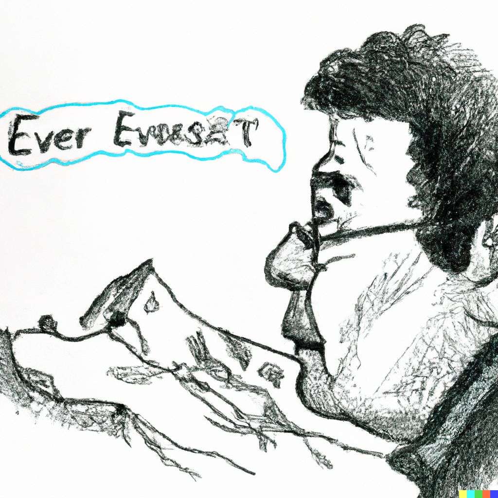 someone gazing at Mount Everest, pen and ink caricature